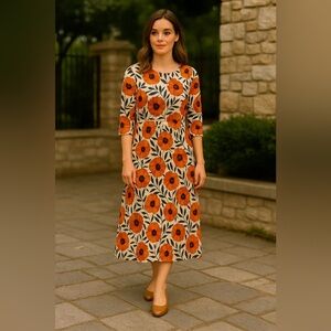Choklate Paris Floral Orange 3/4 sleeve Maxi Dress Feminine French Style S